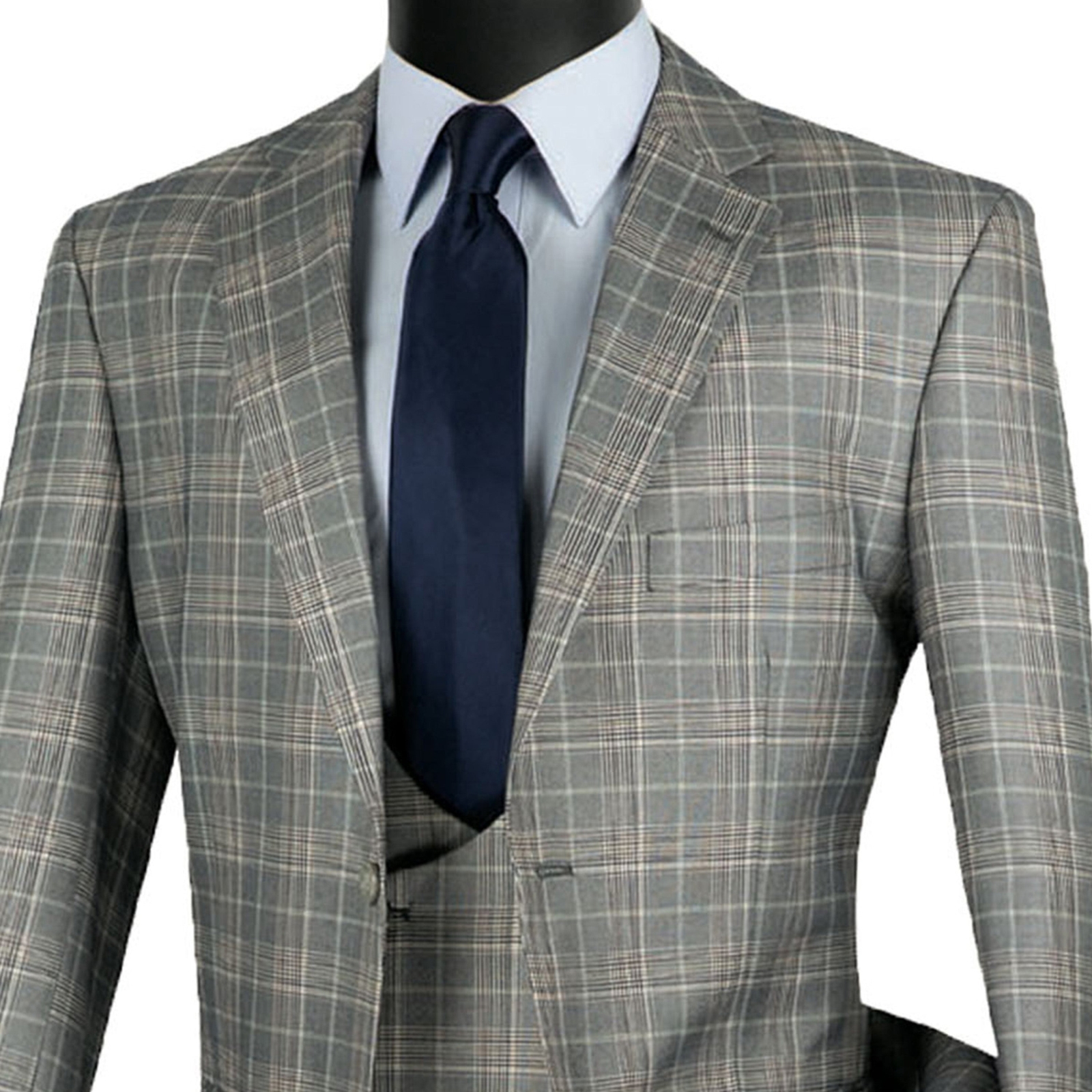 VINCI Men’s Gray Sharkskin Glen Plaid 3 Piece Suit, Reg Fit – NEW