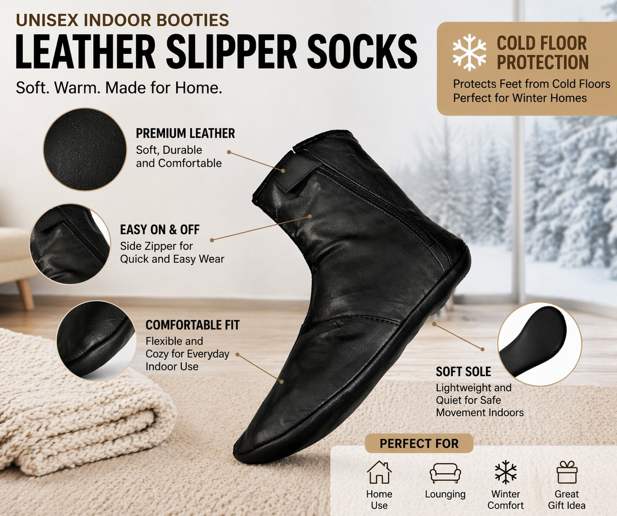 Men’s Women’s Unisex Real Halal Sheep Leather Black Socks Khuf With FleeceLining