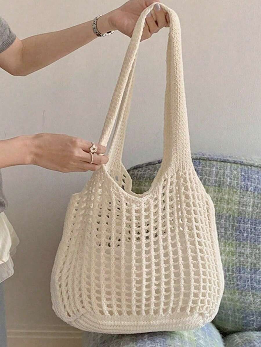 Crochet Woven Shopping Bag Hollow Out Beach Vacation Tote Foldable Mesh Bag