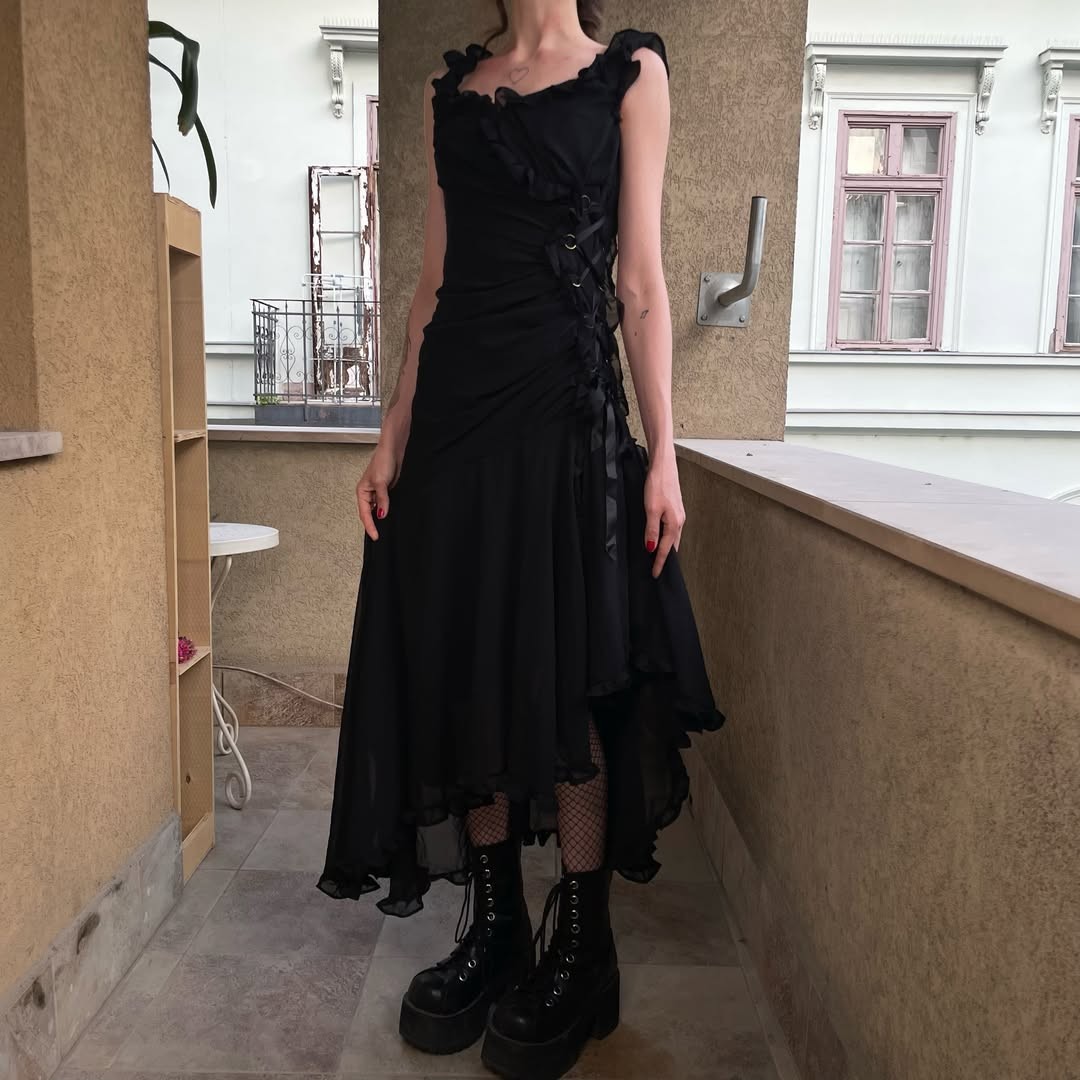 Vintage Whimsigoth Black Midi Dress Side Lace Up Corset Ribbon Ruffle Hem XXS XS