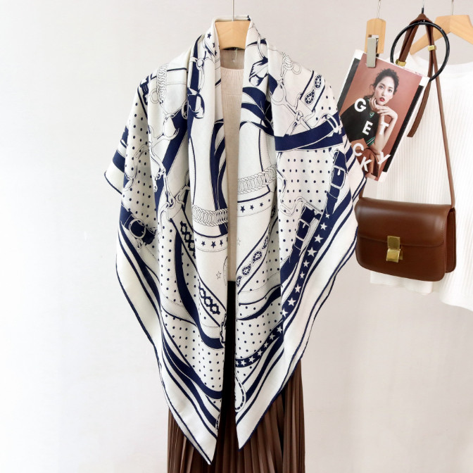70% Cashmere 30% Silk Neckerchief ribbon Print 53” Shawl Bandana Scarf Wrap