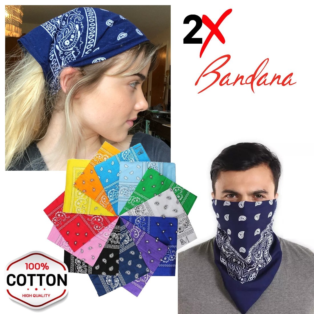 2 X Paisley Print Bandana 100% Cotton Head Warp Scarf Face Mask – USA Seller