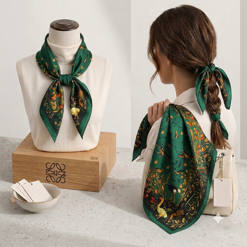 20″ Women Square Scarf with, Green Bird Print , neckerchief