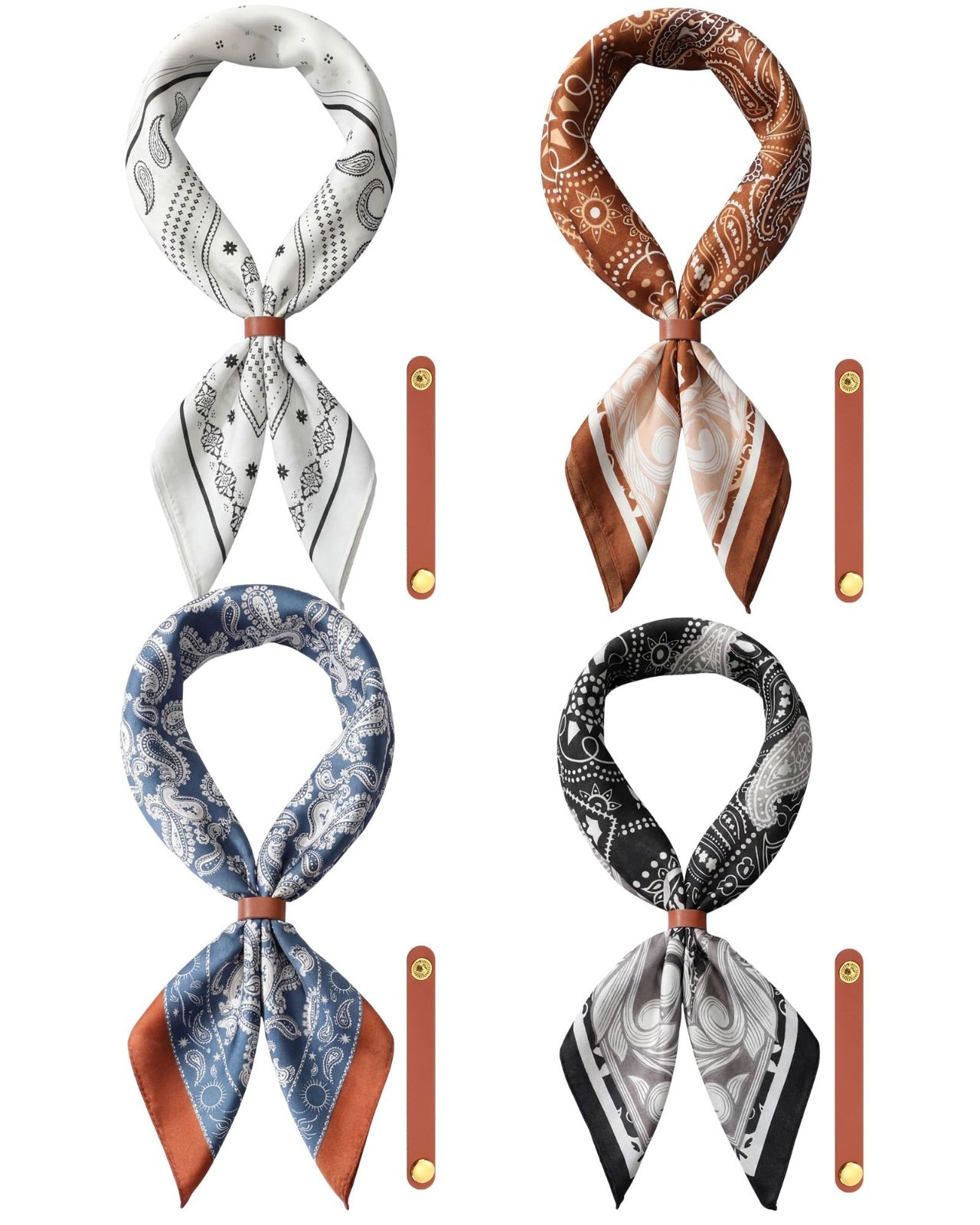 4 Pcs Silk Feeling Square Neck Scarves for Men, Leather Ring Pocket Squares, Cow