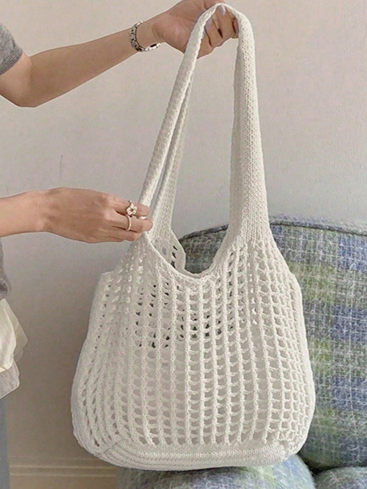 Crochet Woven Shopping Bag Hollow Out Beach Vacation Tote Foldable Mesh Bag