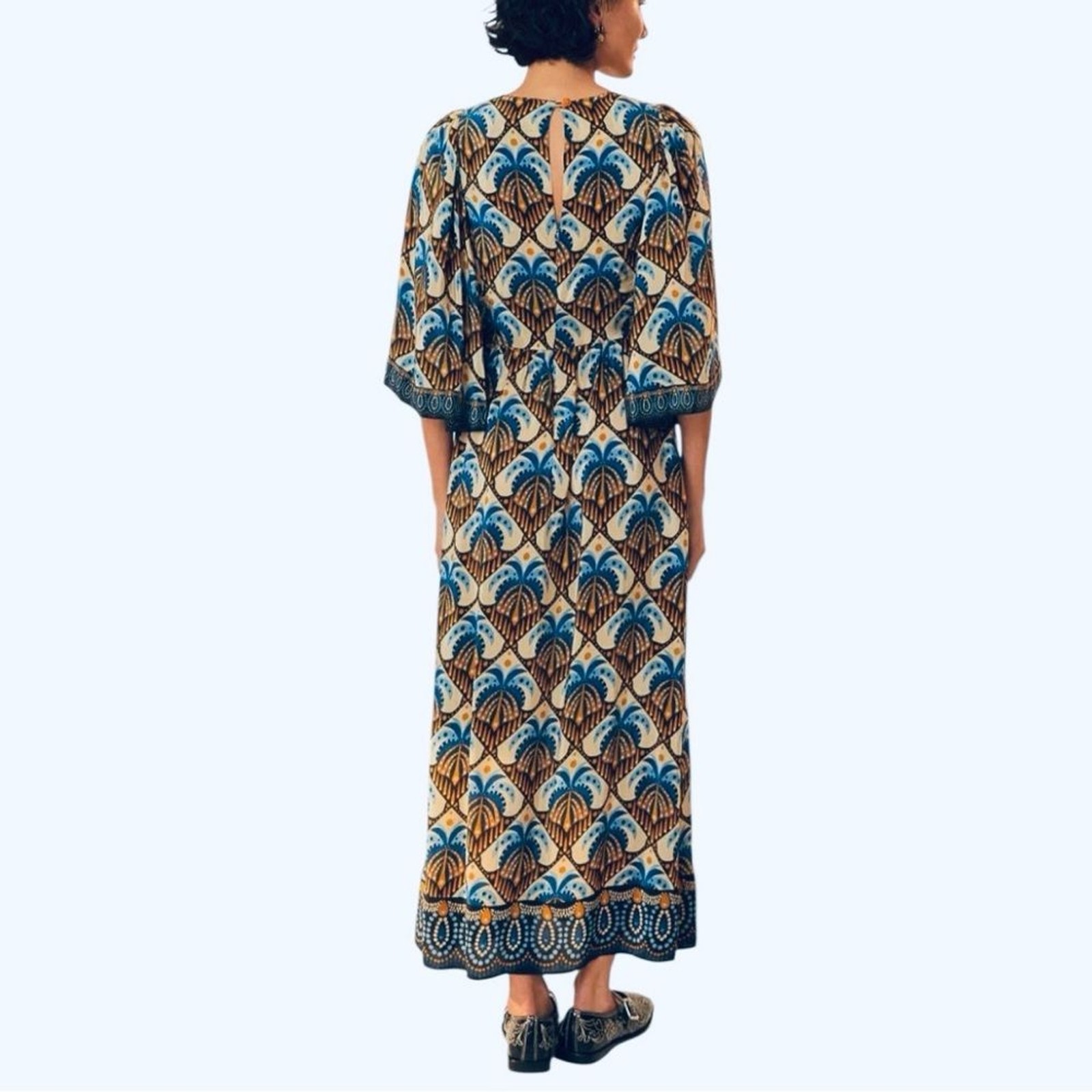 Farm Rio Cocopalm Long Dress with Flutter Sleeves in Blue, Beige, Brown Sz XS