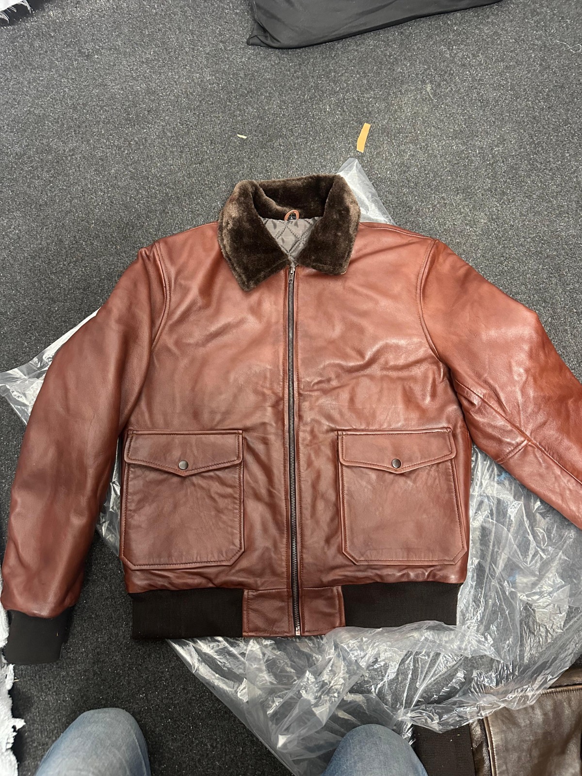 Men’s Brown Leather Bomber Jacket Faux Fur Collar Vintage Style Zip Up Coat