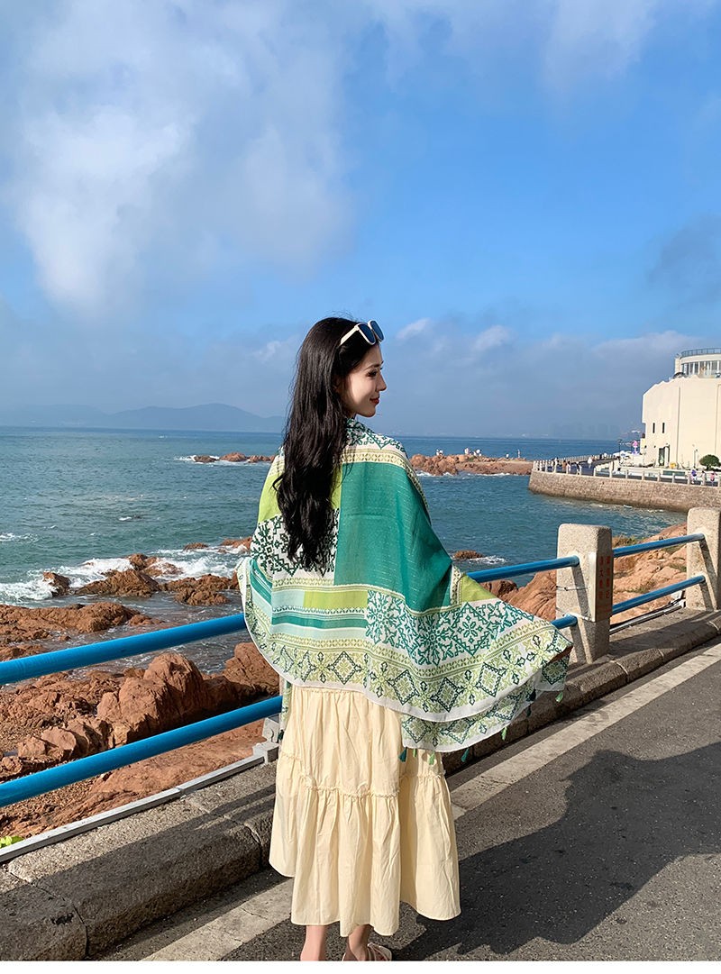 Green Ethnic Scarf Shawl Wrap Cotton Linen Lightweight Cover for Summer Beach