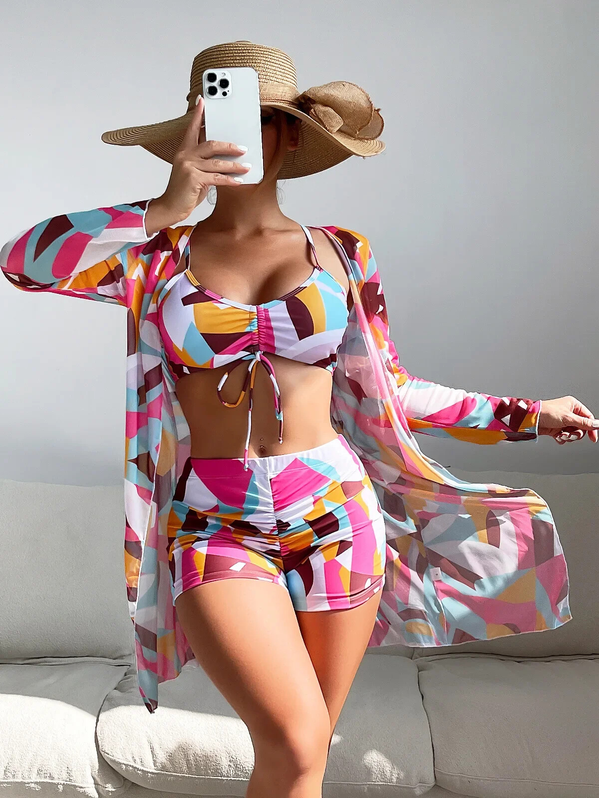 Womens 3 Piece Swimsuit with Mesh Long Sleeve Cover Up Drawstring Bathing Suits