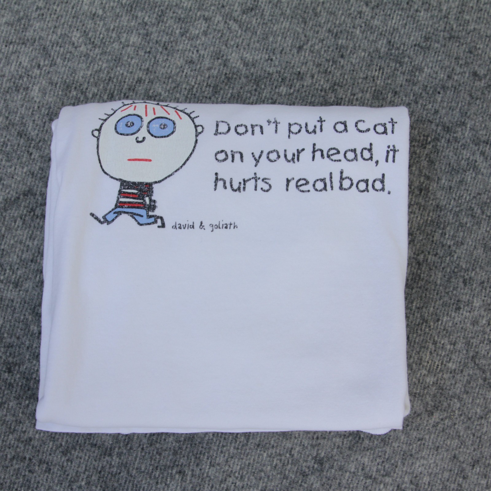 DAVID & GOLIATH T Shirt XL CAT ON HEAD HURTS BAD Todd Goldman Art Artist VTG Y2K