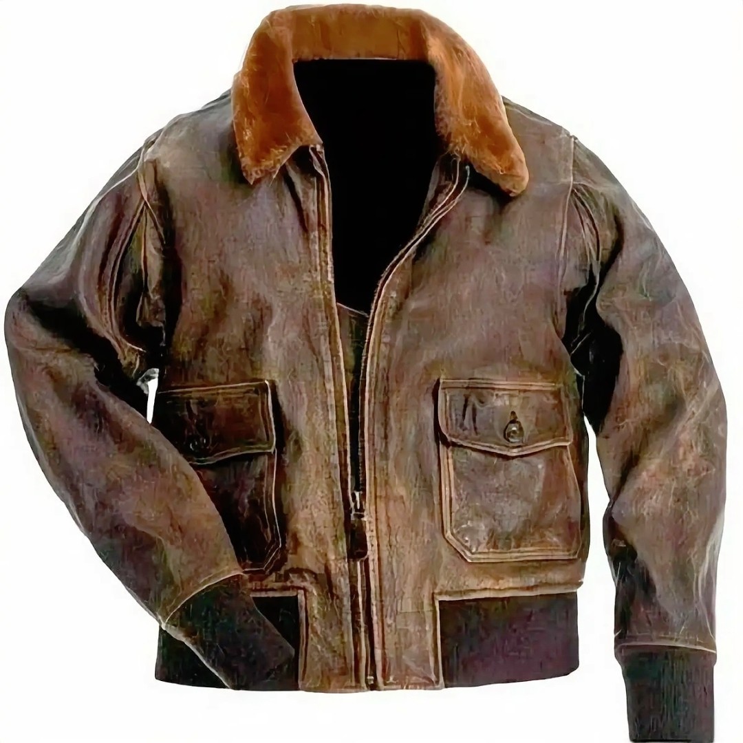 Mens Aviator Navy G-1 Flight Jacket Real Brown Distressed Leather Bomber Jacket