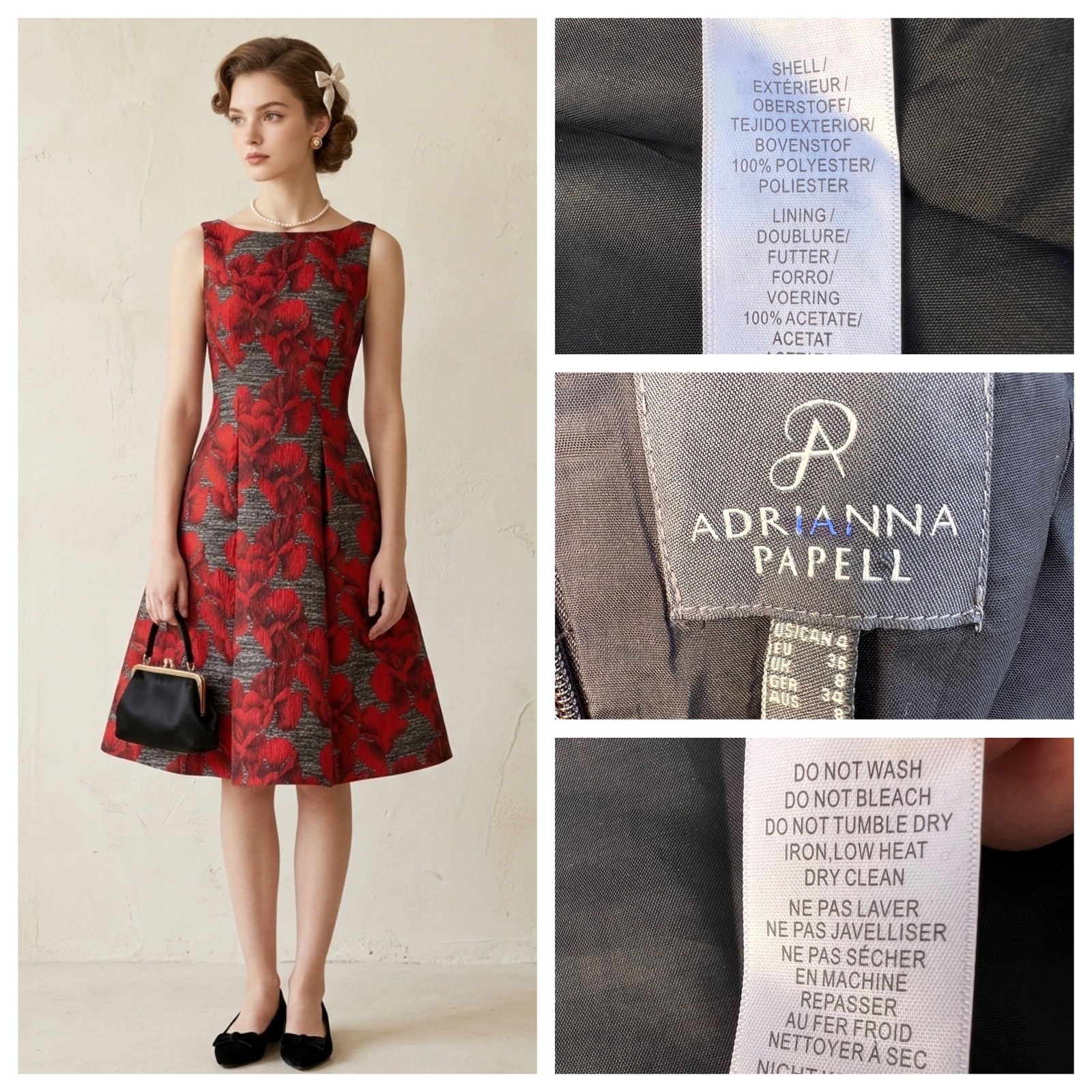 Adrianna Papell Floral Jacquard Fit & Flare Dress Red Black V-Back Old Money 4