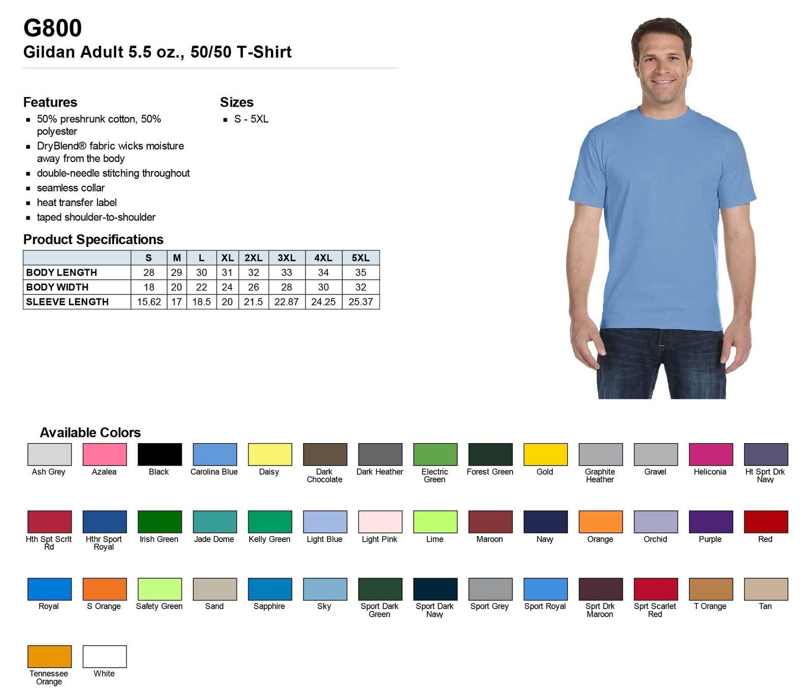 Gildan DryBlend Men’s Short Sleeves Preshrunk 50/50 Cotton S-XL T-Shirt R-G800