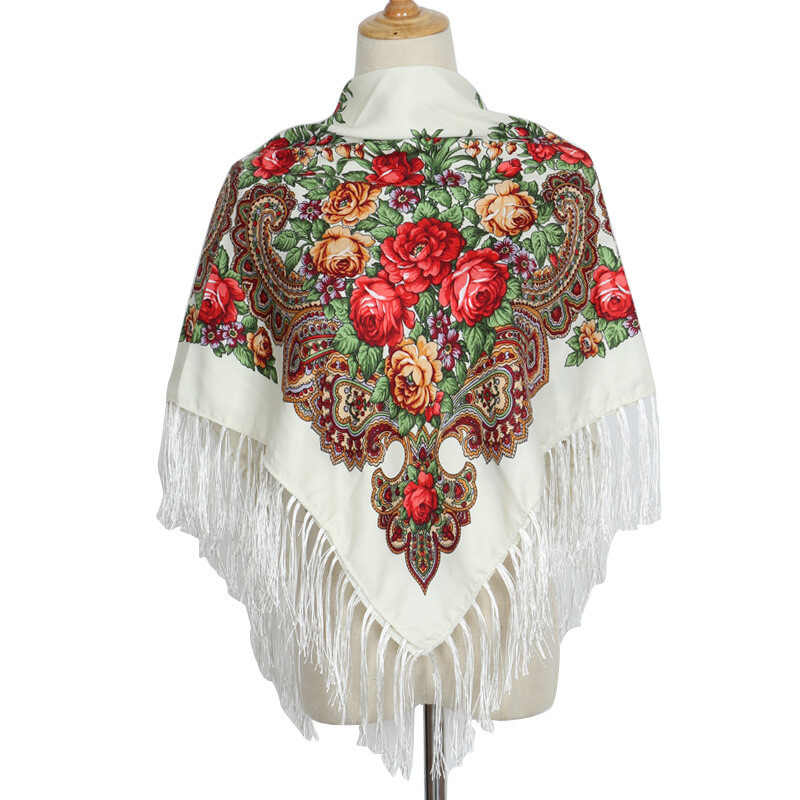 Ethnic Style Shawl Print Square Scarf Cotton Scarf Retro Tassel Shawl Women