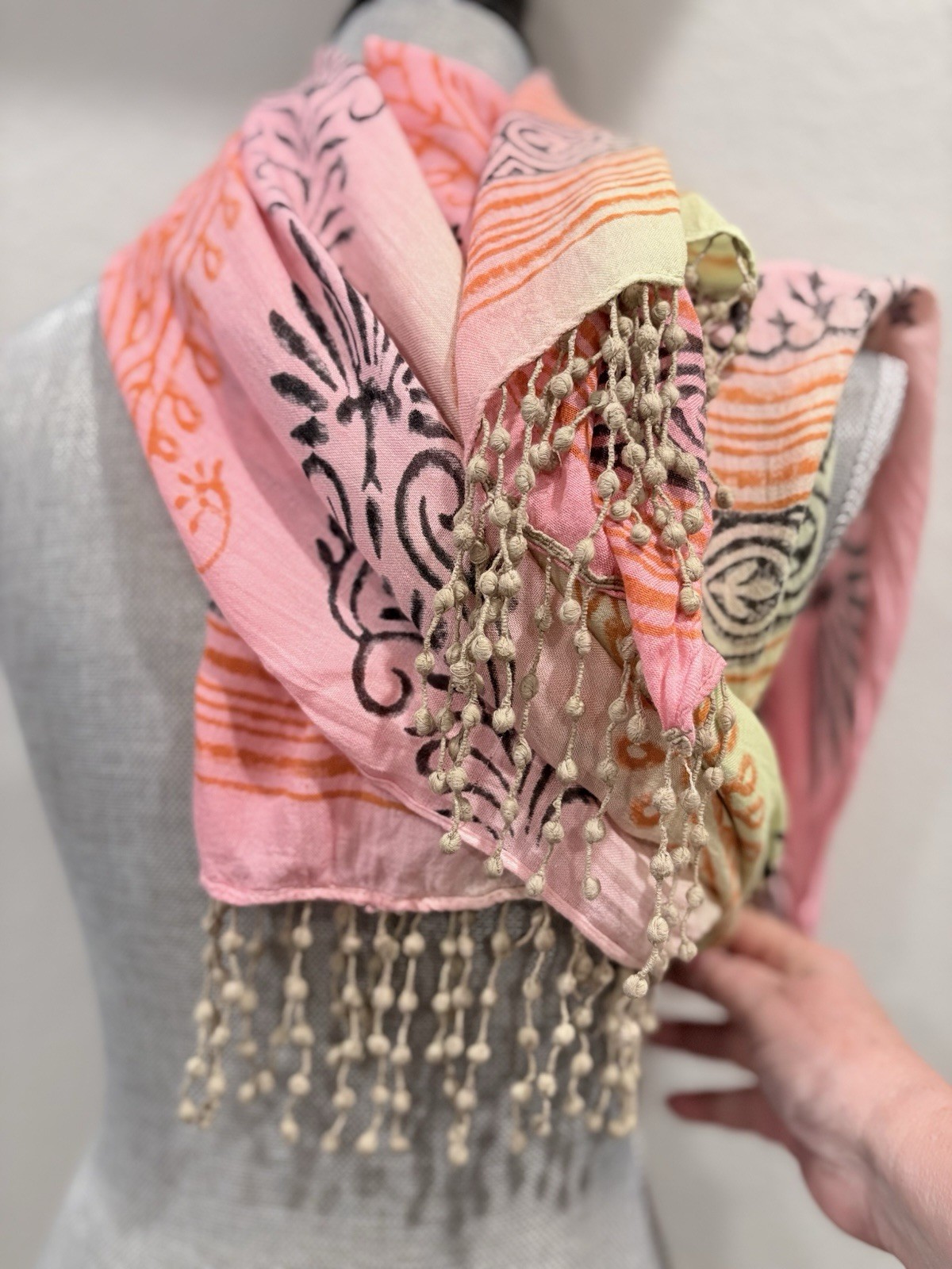 Sunha India Rayon Block Print Tassel Scarf Shawl Wrap Pink Yellow Boho Travel