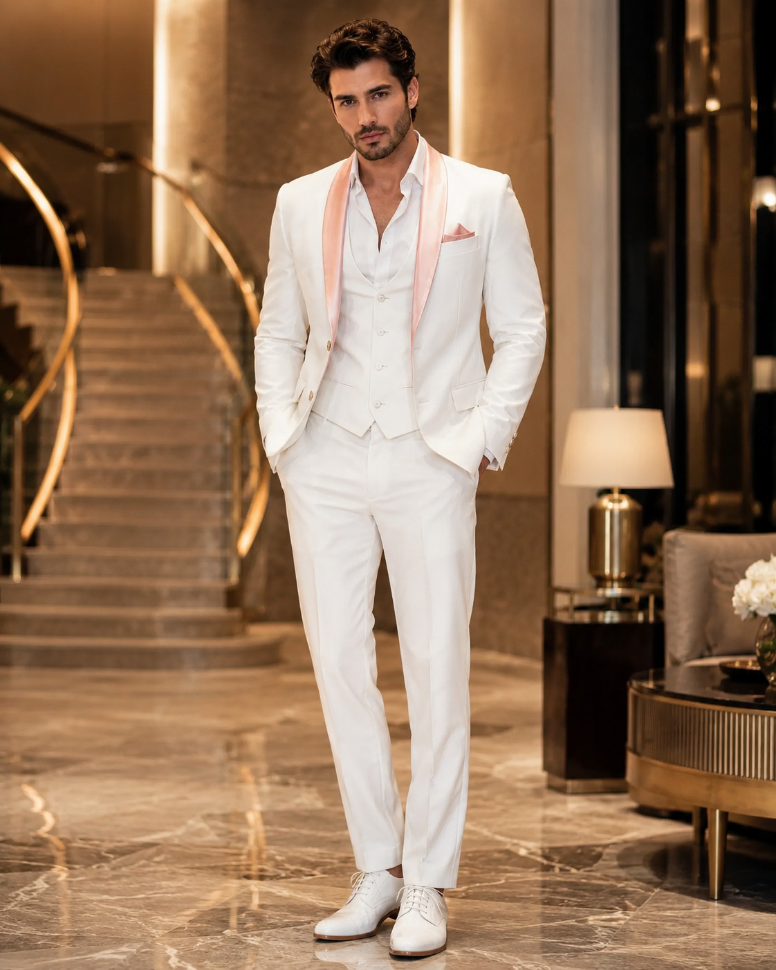 Mens White Tuxedo Suit with Blush Pink Satin Lapel Luxury Wedding Groom Suit