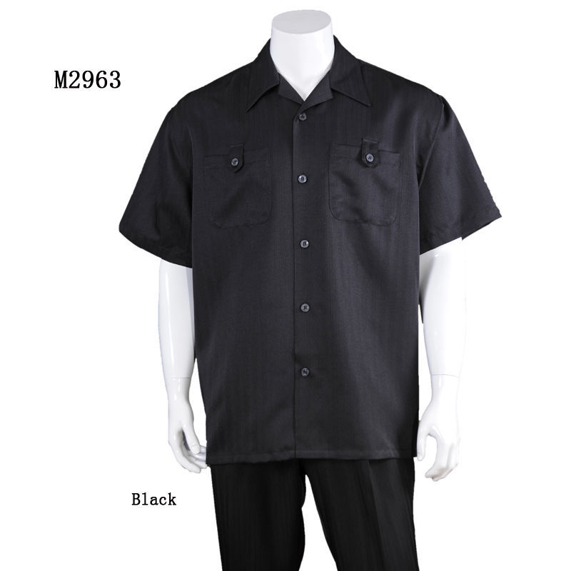 New Men’s 2pc Walking Suit Short Sleeve Casual Shirt & Pants Set Solid M2954 .