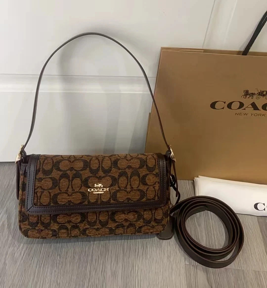 New Coach Outlet Etta Small Flap Shoulder Bag in Signature Chenille CCV65