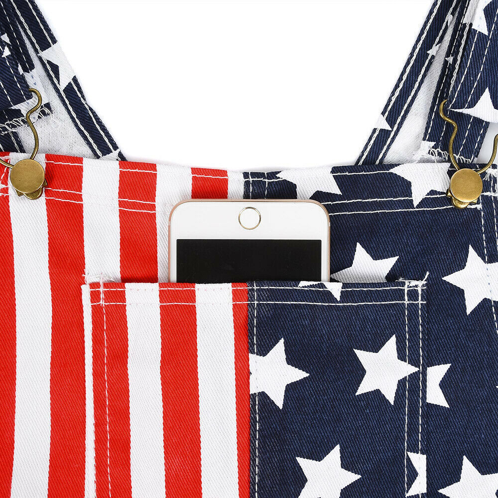 Women’s & Men’s Overalls USA America Flag Print Bib Pants Jumpsuit Romper Shorts