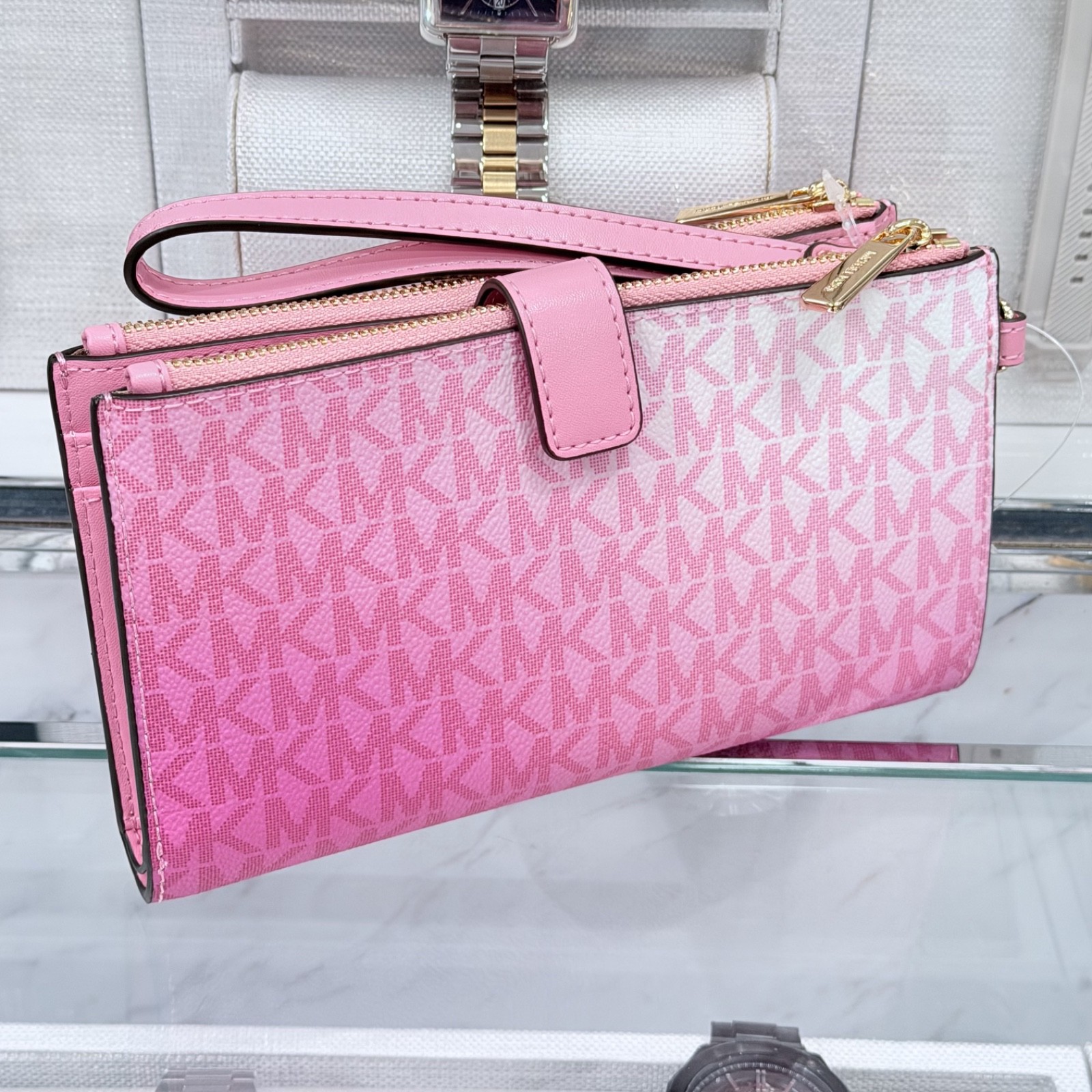 Michael Kors Jet Set Travel Double Zip Wristlet Wallet MK Logo Ombre Carnation