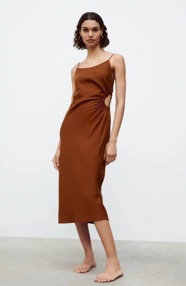 ZARA – Midi Dress with Cut Out – Brown – Size M