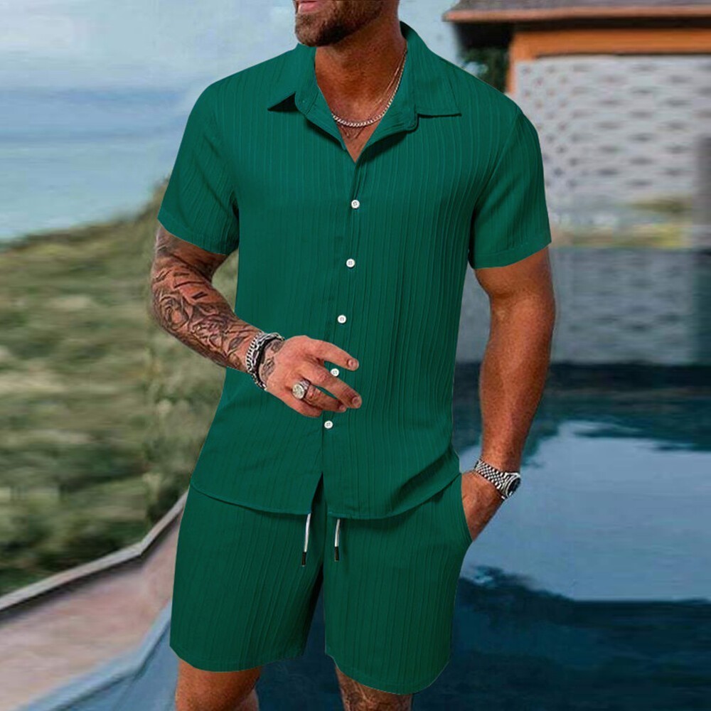 2026 Men 2 Set Short Sleeve Button Shirt Shorts Suit Tops+Shorts T Shirts Casual