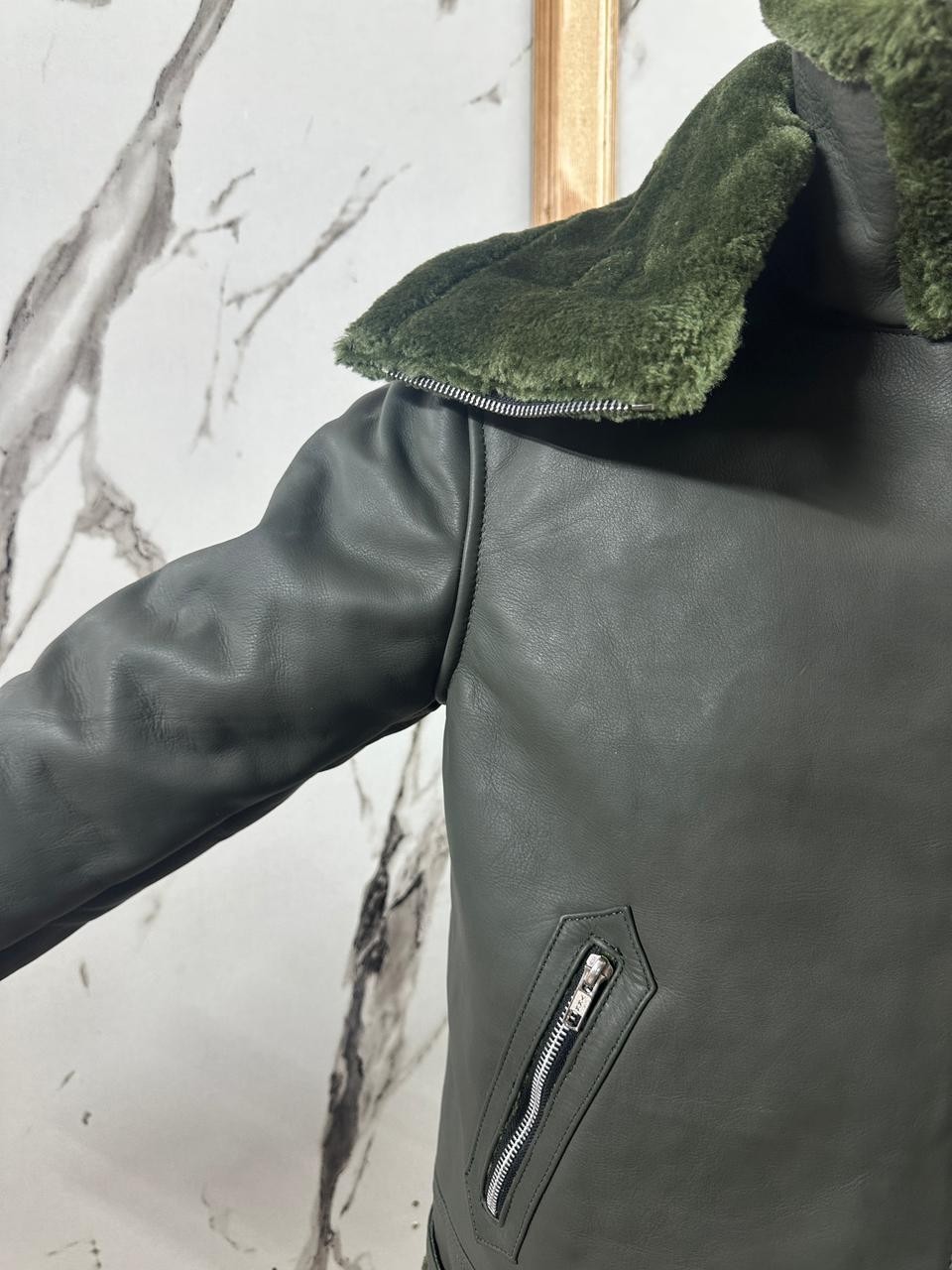 Men’s Gray Leather Bomber Flight Jacket Faux Fur Collar Full Zip Handmade Coat
