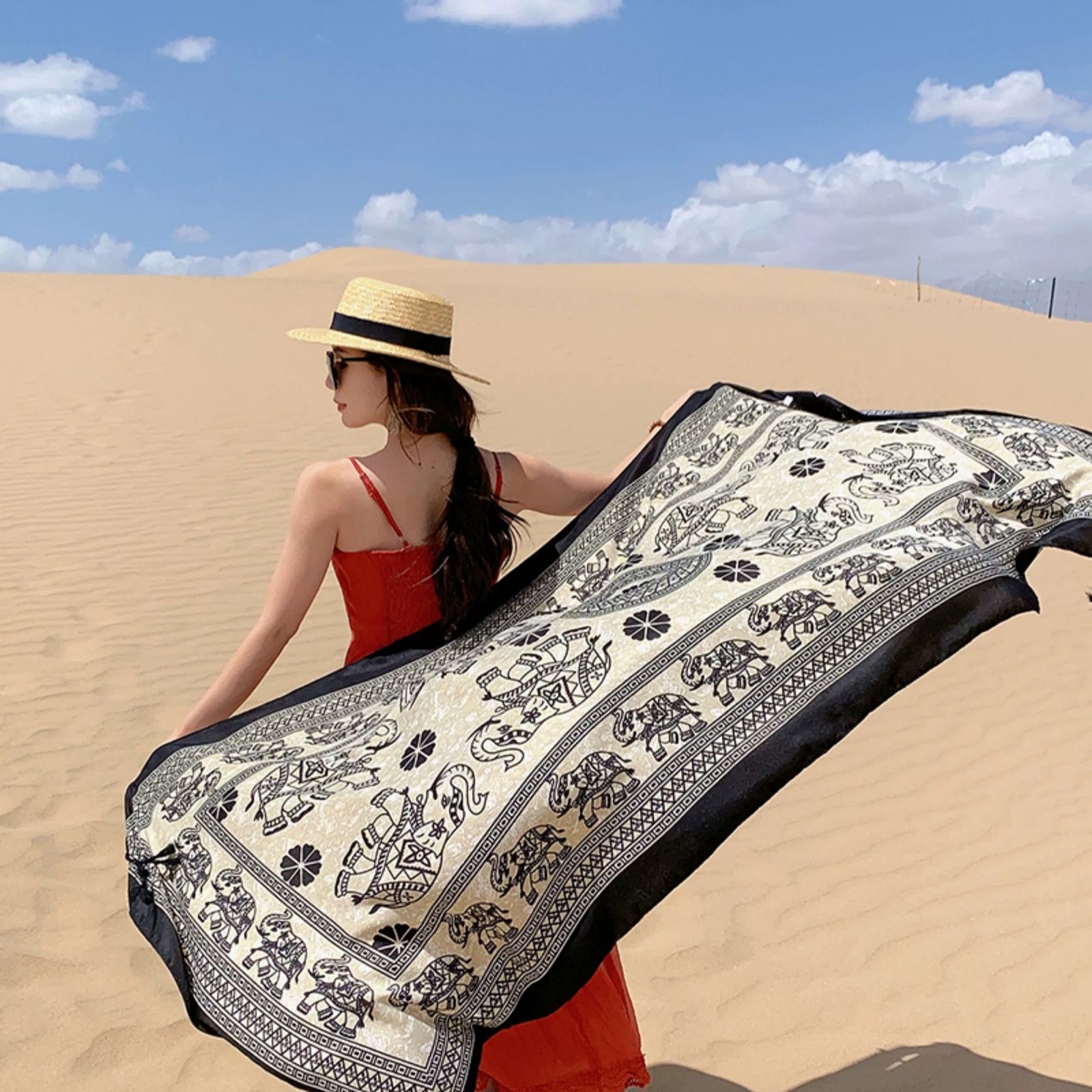Elephant Print Scarf Shawl Wrap Ethnic Lightweight Cover for Summer Travel Sun
