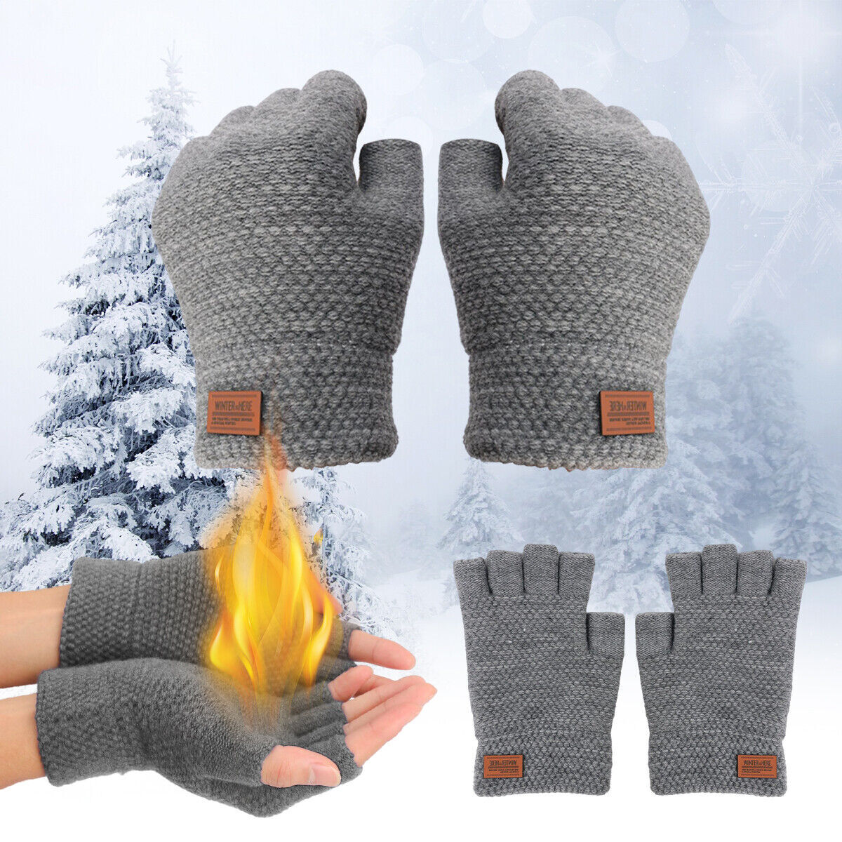 Winter Alpaca Wool Fingerless Gloves Thermal Men Knitted Half Finger Mitten Lot