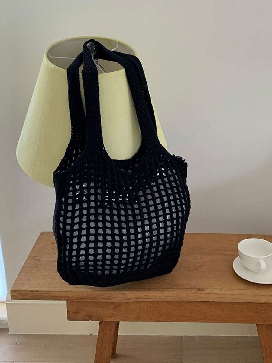 Crochet Woven Shopping Bag Hollow Out Beach Vacation Tote Foldable Mesh Bag