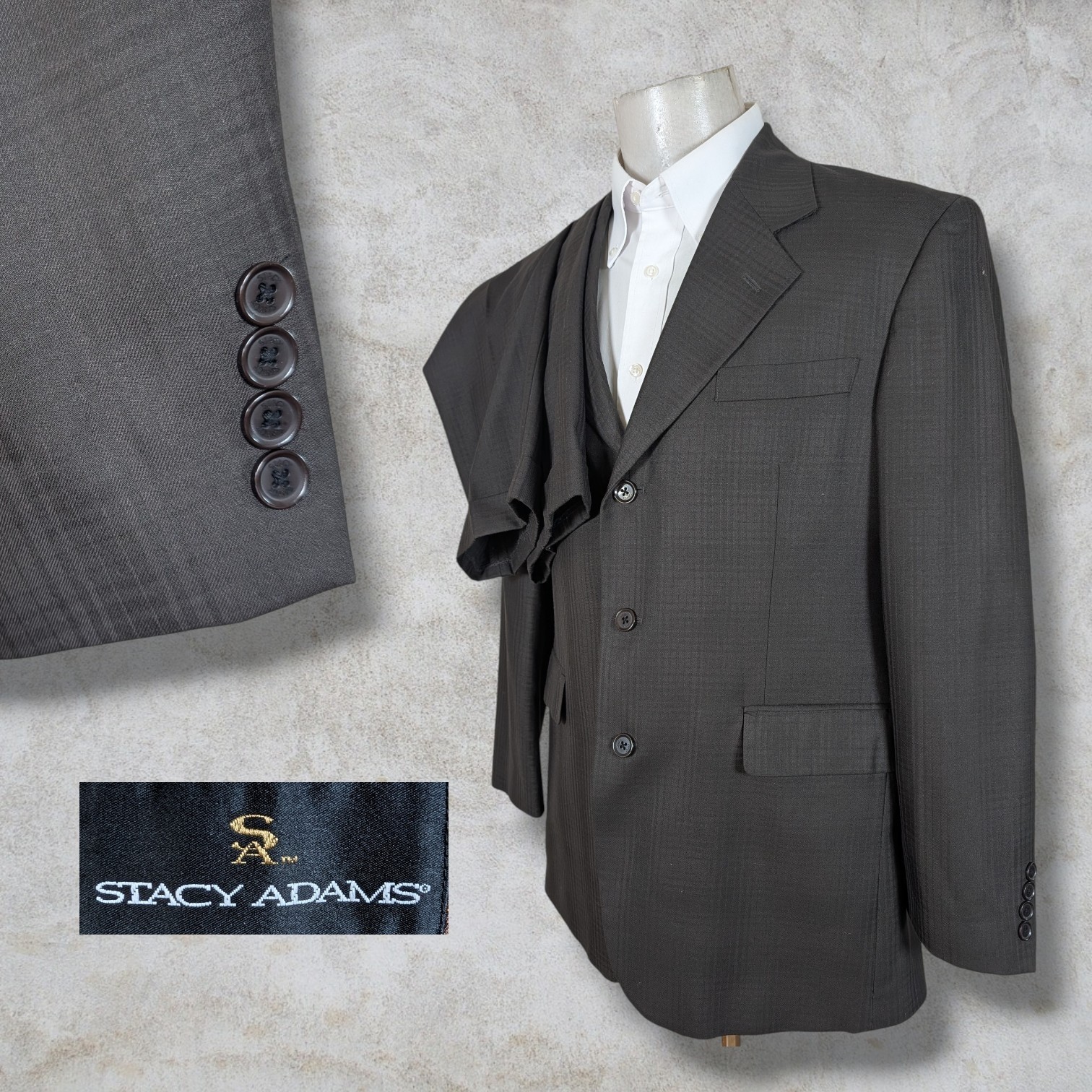 Stacy Adams 2 Piece Suit Mens 40R Pants 34×30 Brown Check 3 Button Front