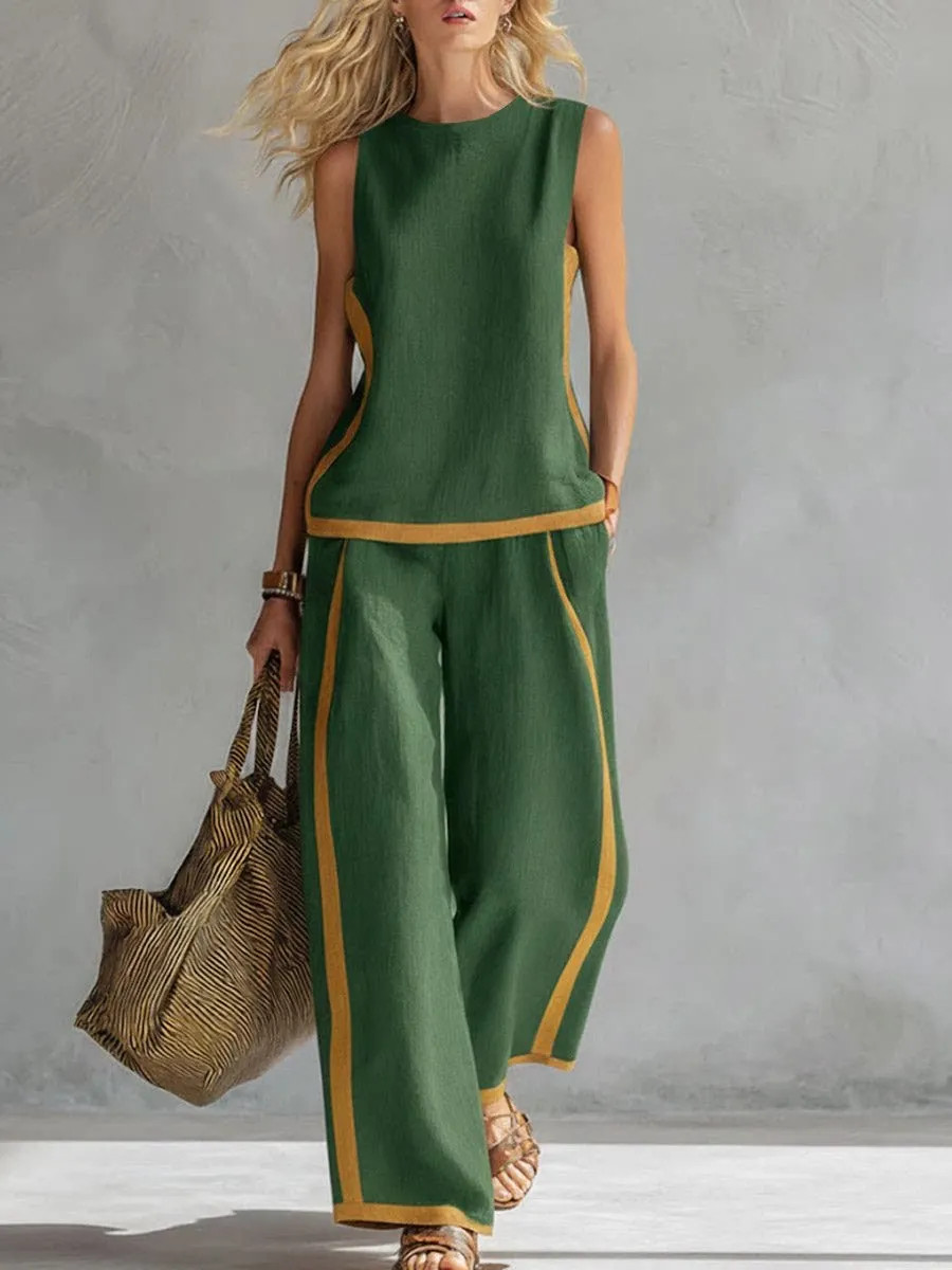 Simple Stripe Print Women’s Suits Sleeveless Blouse Wide Leg Pants Two Piece Set