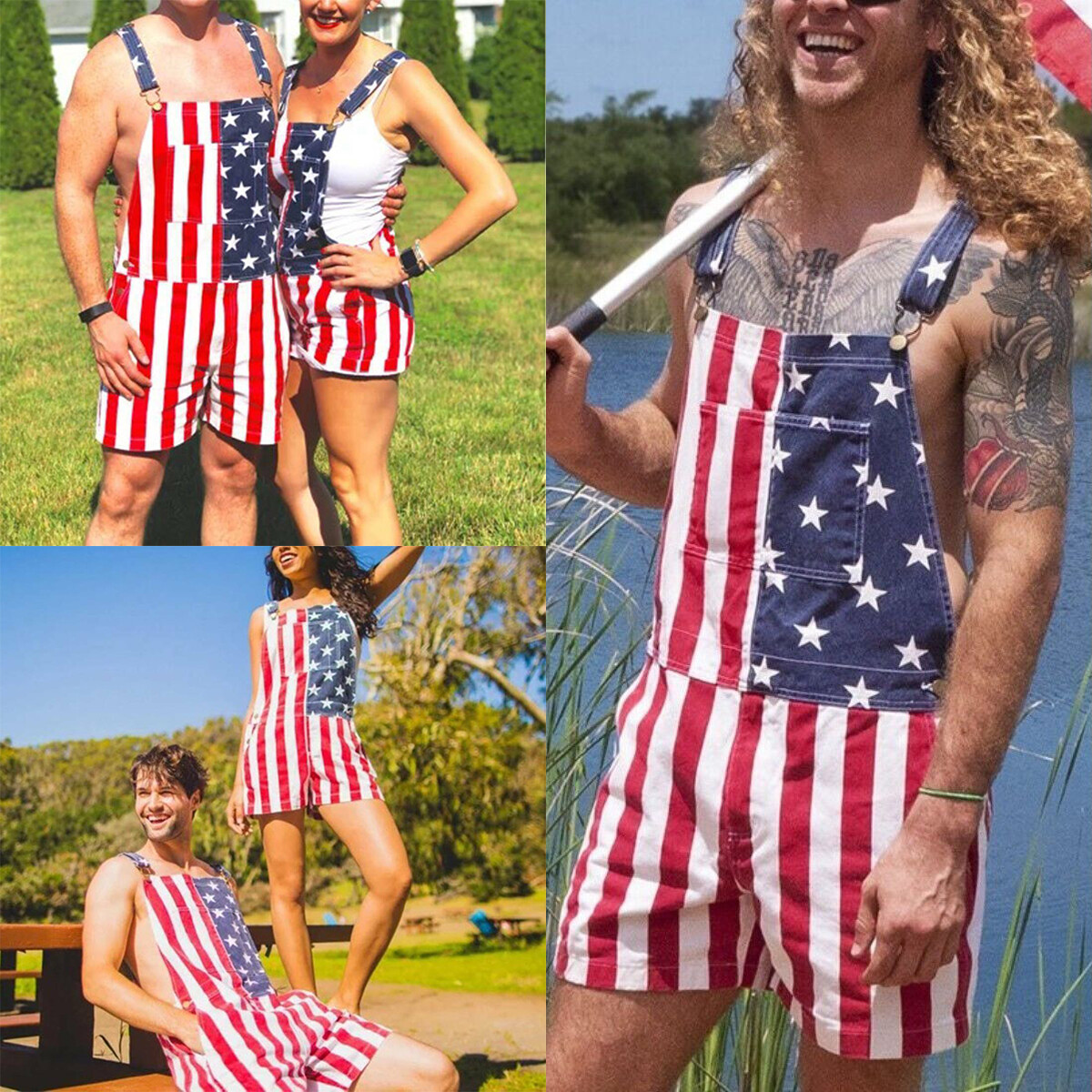 Women’s & Men’s Overalls USA America Flag Print Bib Pants Jumpsuit Romper Shorts