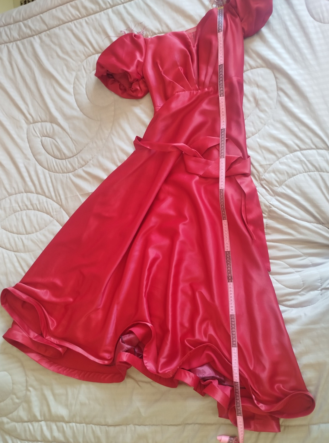 Elegant Red Satin Evening Dress Balloon Puff Sleeve Maxi Party Gown Gently Used