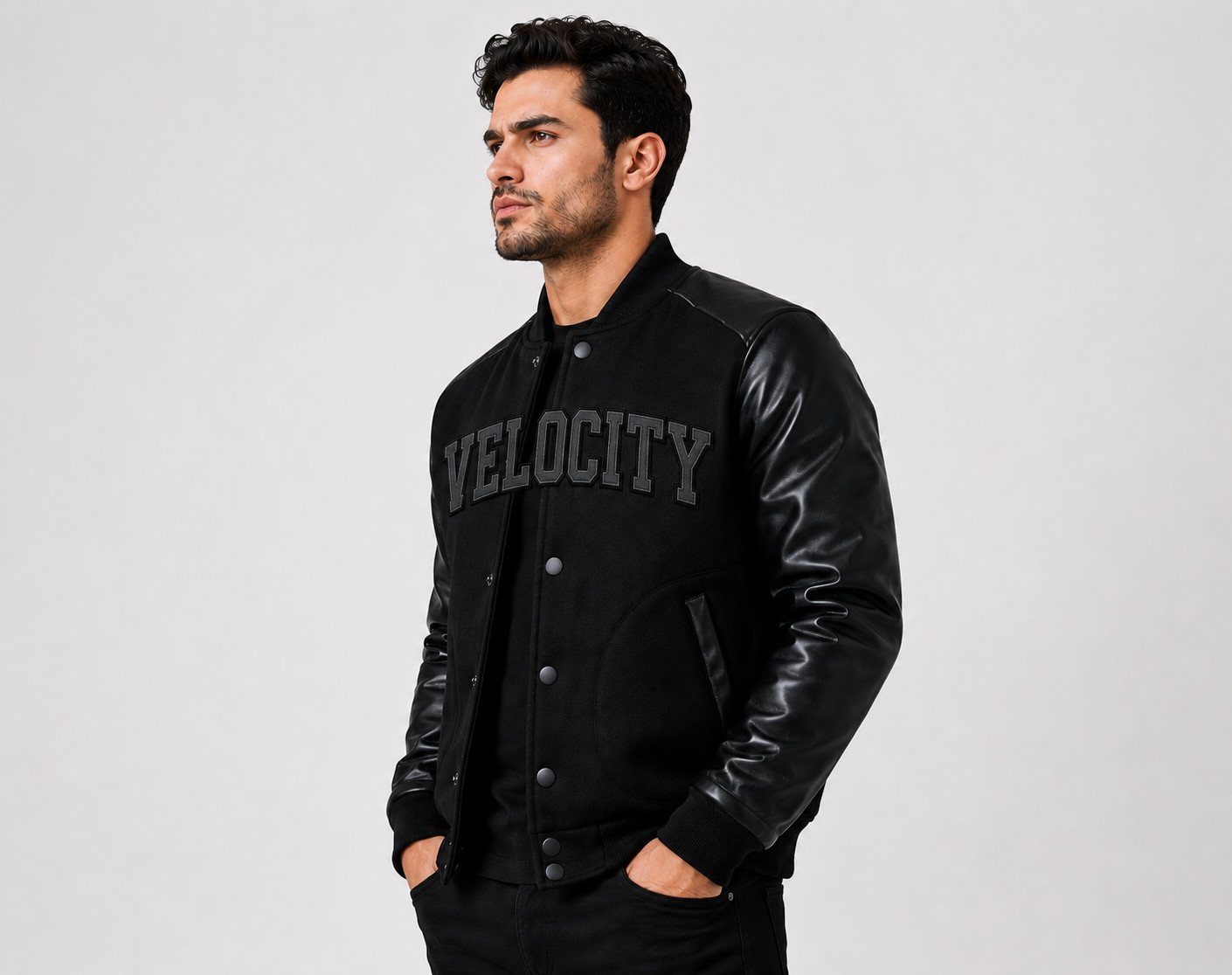 Men’s Black Varsity Jacket Letterman Bomber Coat Custom VELOCITY XS-5XL