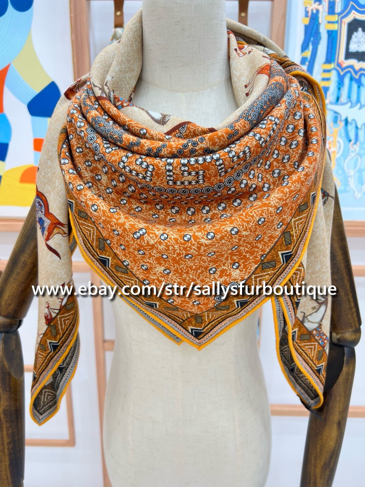 Sallys 70% Cashmere & 30% Silk Wrap Scarf Horses Print Double Face Shawl 53″