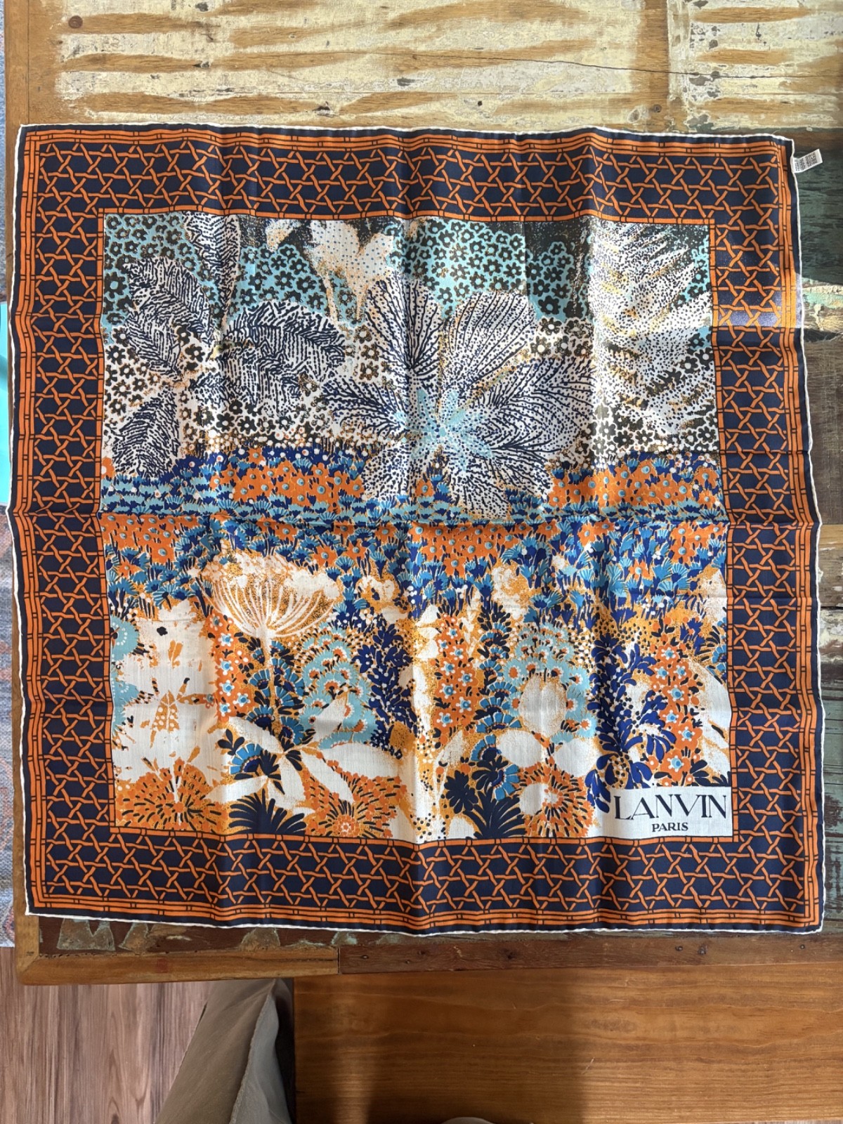 Vintage LANVIN Paris Silk Scarf 90s Floral Geometric Orange Blue Hand Rolled