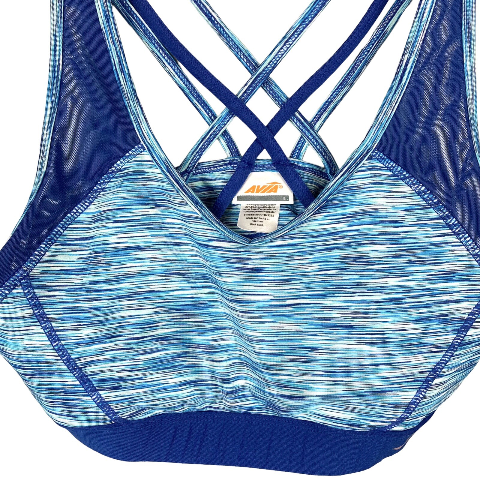 Avia Sports Bra Women’s L Navy Blue Stretch Crossover Racerback Cup Pads Nice