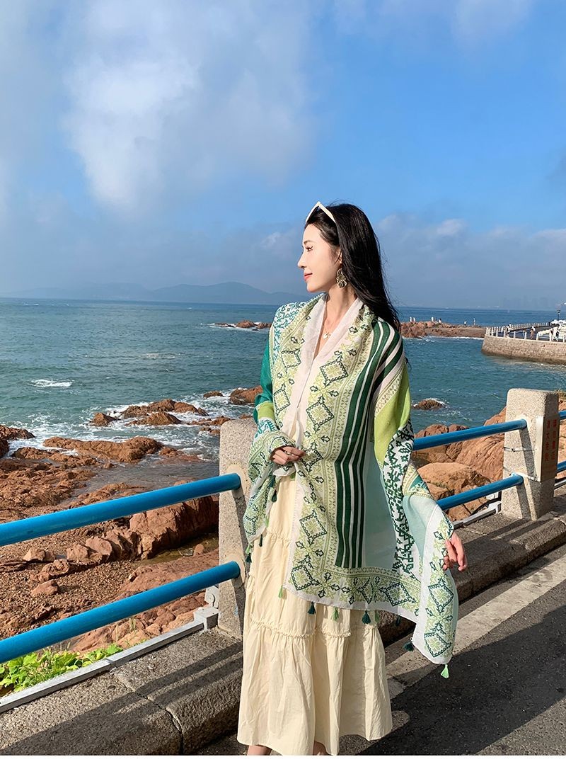 Green Ethnic Scarf Shawl Wrap Cotton Linen Lightweight Cover for Summer Beach