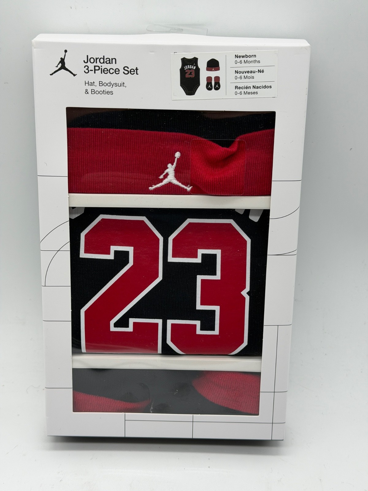 NEW NIKE JORDAN 3 PIECE SET NEWBORN 0-6 MONTHS HAT , BODYSUIT, BOOTIES
