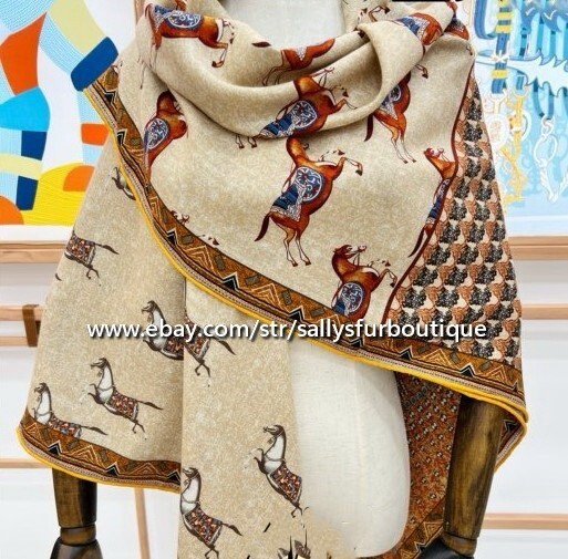Sallys 70% Cashmere & 30% Silk Wrap Scarf Horses Print Double Face Shawl 53″