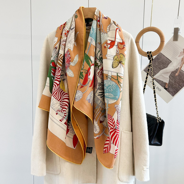 70% Cashmere 30% Silk Wrap Scarf garden Print Double Face Print Shawl 135X135cm