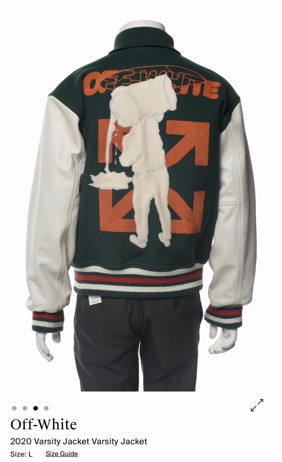Off-White Men’s Green/White Varsity Jacket Size L Snap Closure Embroidered Logo