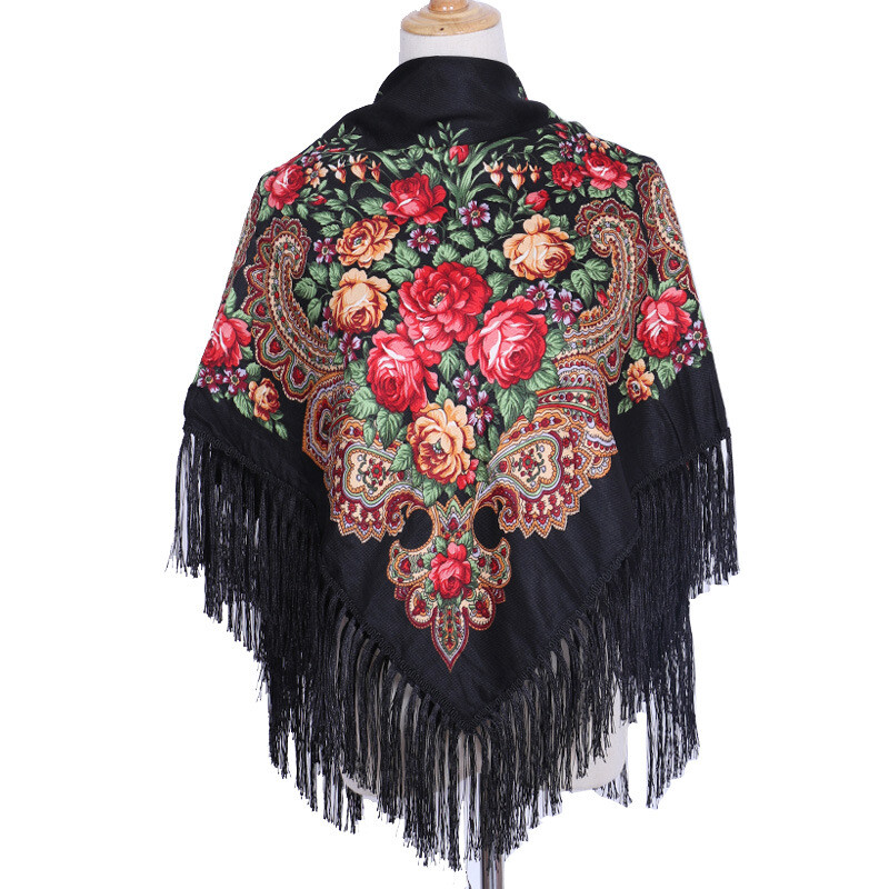 Ethnic Style Shawl Print Square Scarf Cotton Scarf Retro Tassel Shawl Women