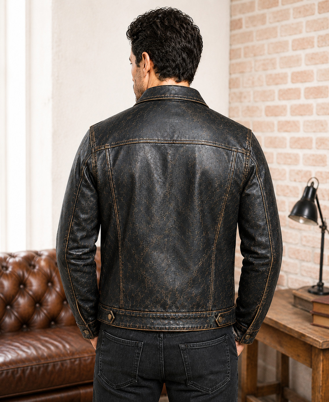 Men’s Lambskin Distressed Trucker Jacket Black Vintage Style Leather Jacket