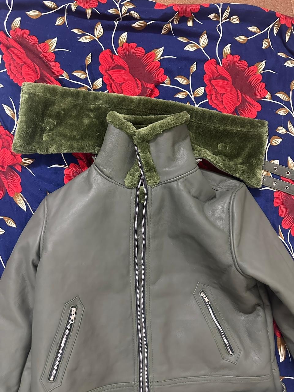 Men’s Gray Leather Bomber Flight Jacket Faux Fur Collar Full Zip Handmade Coat