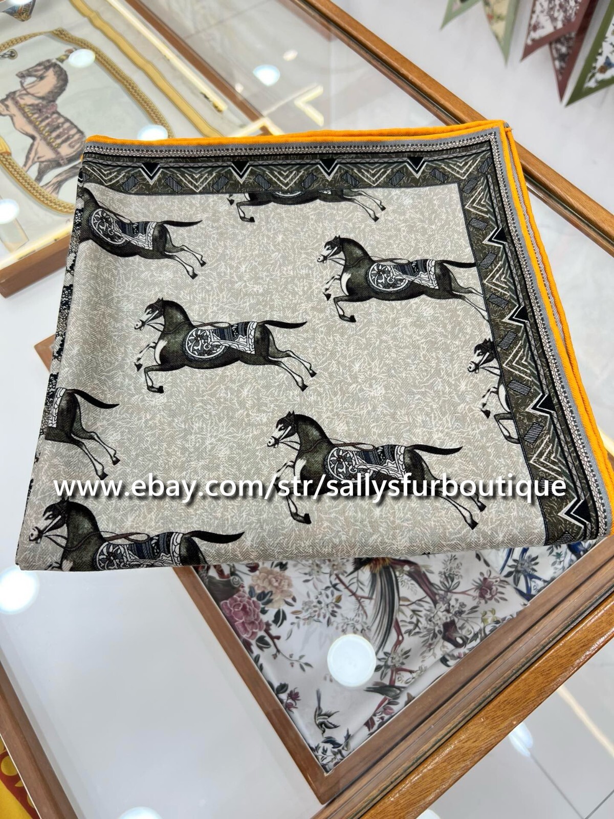 Sallys 70% Cashmere & 30% Silk Wrap Scarf Horses Print Double Face Shawl 53″