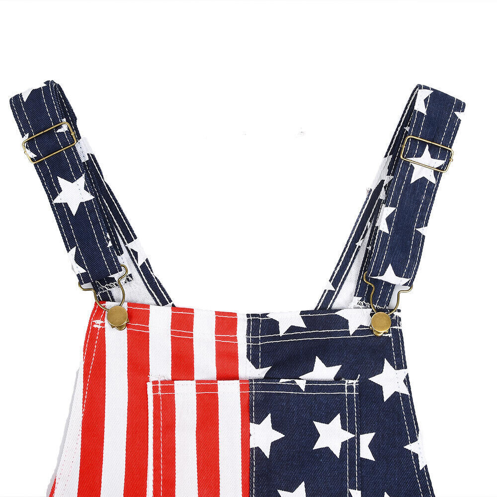 Women’s & Men’s Overalls USA America Flag Print Bib Pants Jumpsuit Romper Shorts