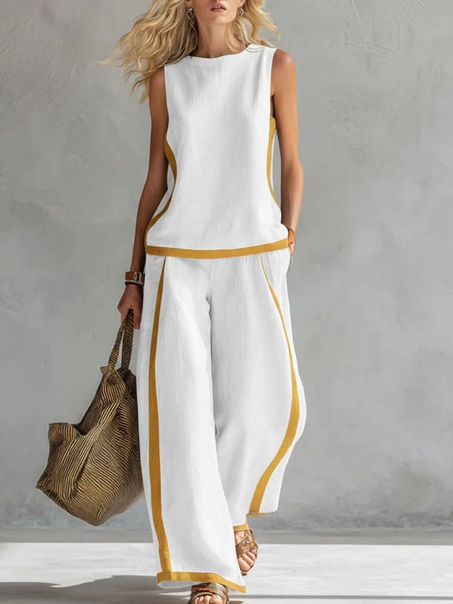 Simple Stripe Print Women’s Suits Sleeveless Blouse Wide Leg Pants Two Piece Set