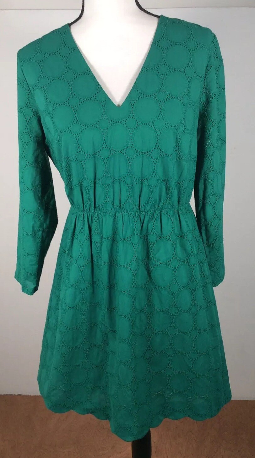 J Crew Dress Women 4 Green EYELET Long Sleeve Preppy Old Money Back Zip Lined